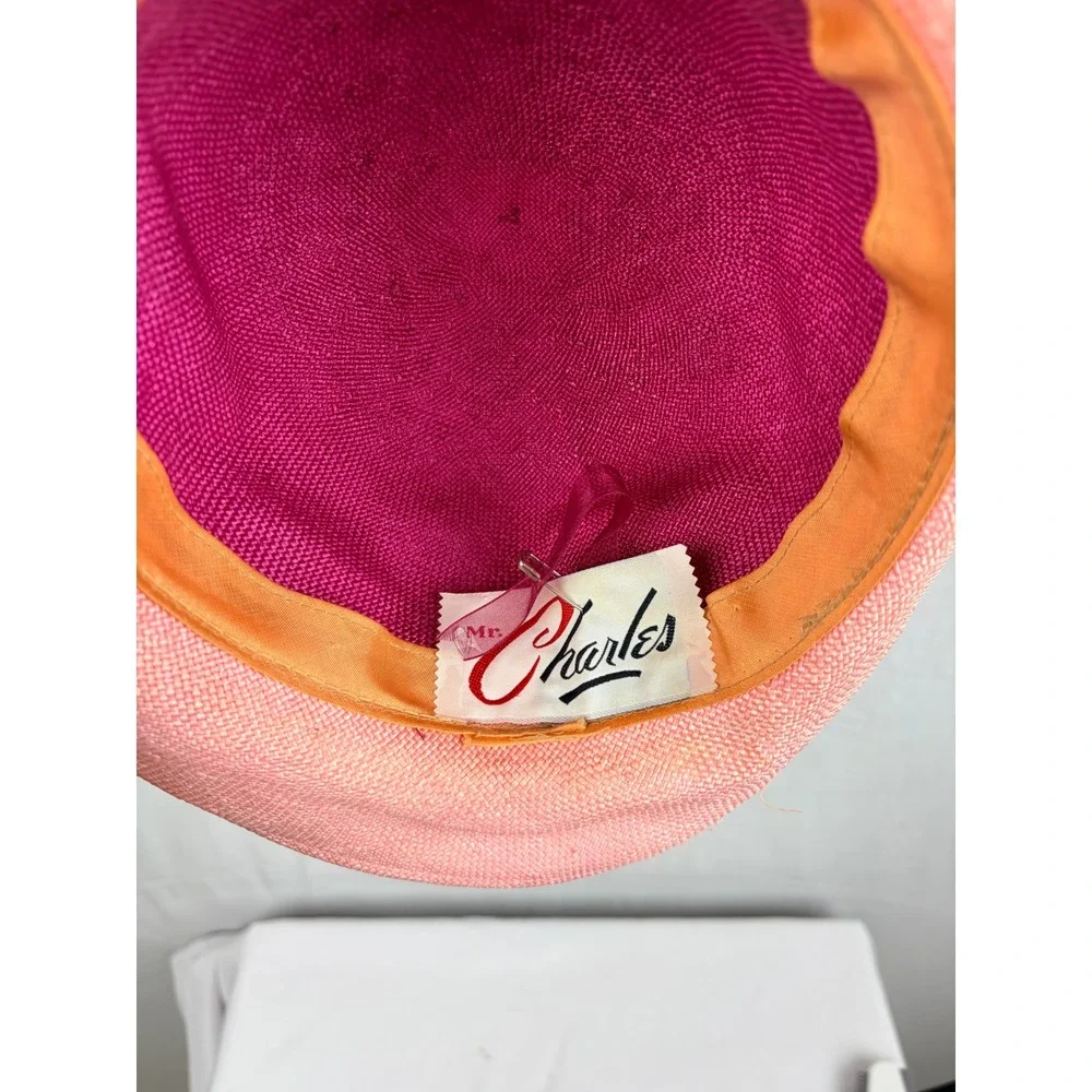 Vintage Mr Charles Pink Straw Sun Hat Feather Flower Wide Brim Church Wedding